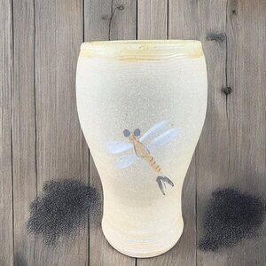 Hand Made Studio Art Pottery Stoneware Vase Vessel With Etched Dragonfly Painted